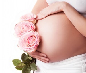 pregnant woman with roses and her hands on her belly, isolated against white background