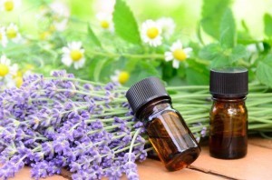 essential oils for aromatherapy treatment with herbal flowers using chamomile, lemon balm, and lavender on the wooden table
